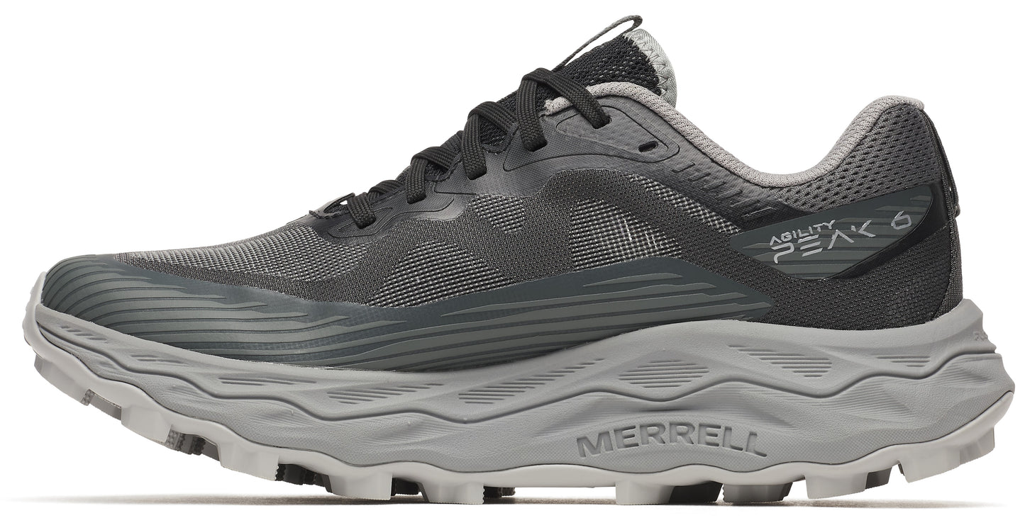 A dark gray running shoe with wavy treaded sole, gray interior and black laces.