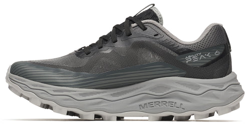 A dark gray running shoe with wavy treaded sole, gray interior and black laces.