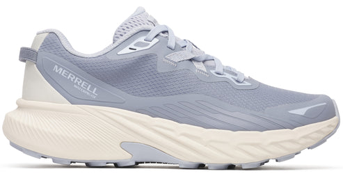 light blue athletic shoe with a thick cream colored textured sole, and visible text reading MERRELL WATERPROOF