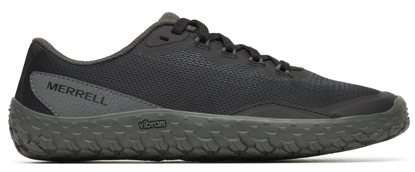 A gray athletic shoe with MERRELL and VIBRAM logos.