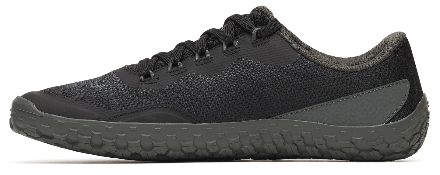 A dark gray athletic shoe with a textured sole.
