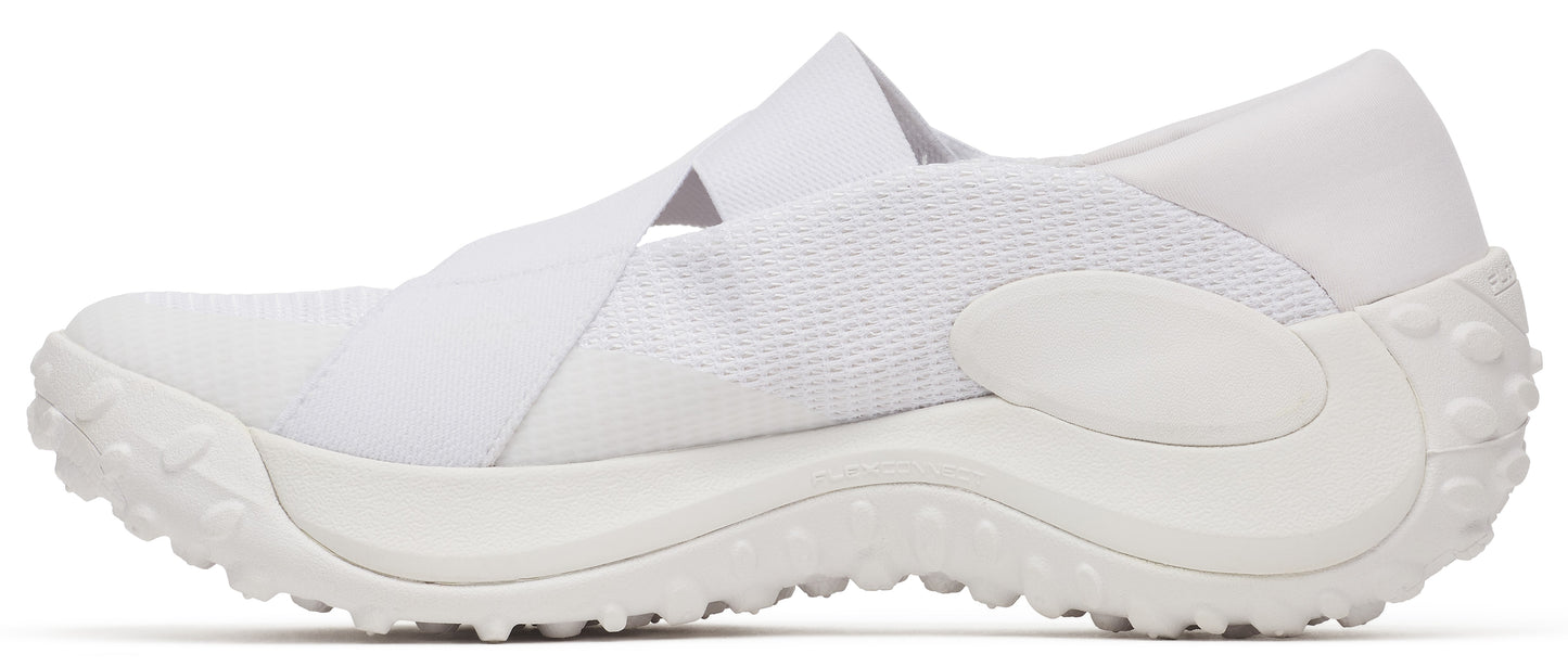 A white athletic shoe with a thick sole and a cross-strap design.