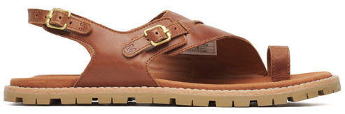 A brown leather sandal with buckled straps and a toe loop.