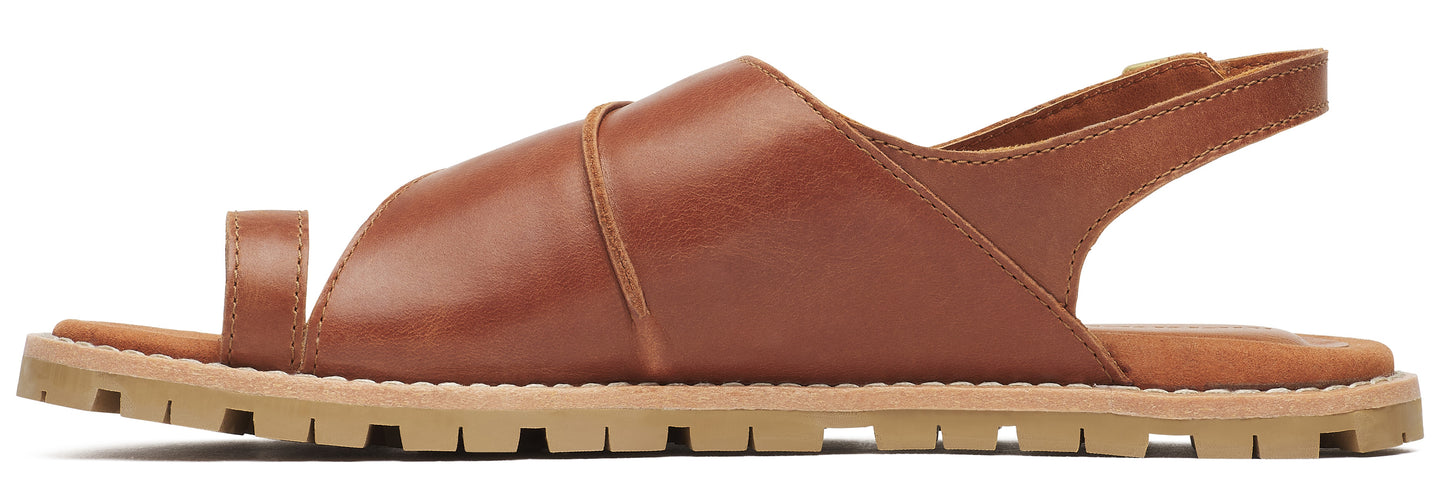 A brown leather sandal with a toe loop and slingback.