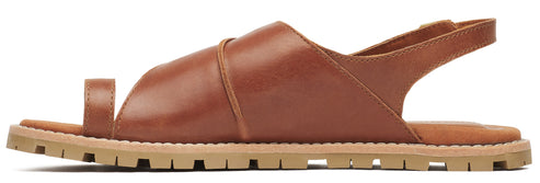 A brown leather sandal with a toe loop and slingback.