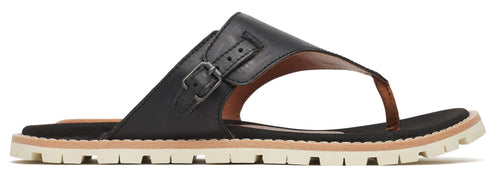 Black leather thong sandal with a buckle strap.