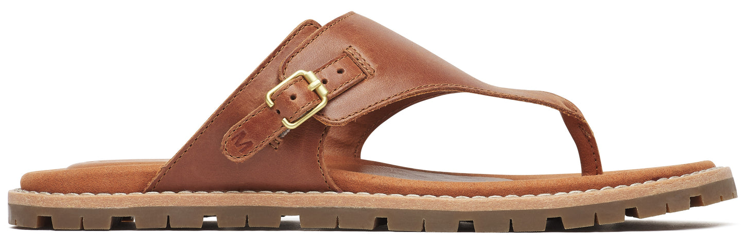 Brown leather thong sandal with gold buckle.