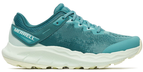 Teal running shoe with white sole and 'MERRELL' text on the side.