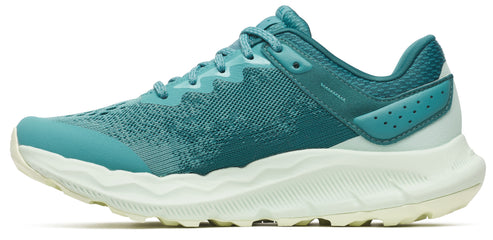 A teal-colored athletic shoe with a white sole.