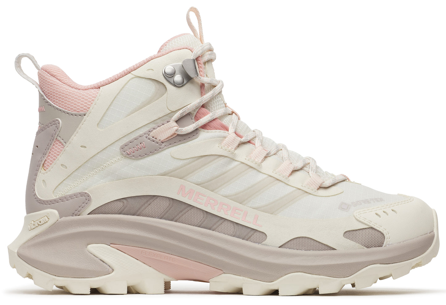 High-top hiking shoe, light tan with pink accents.