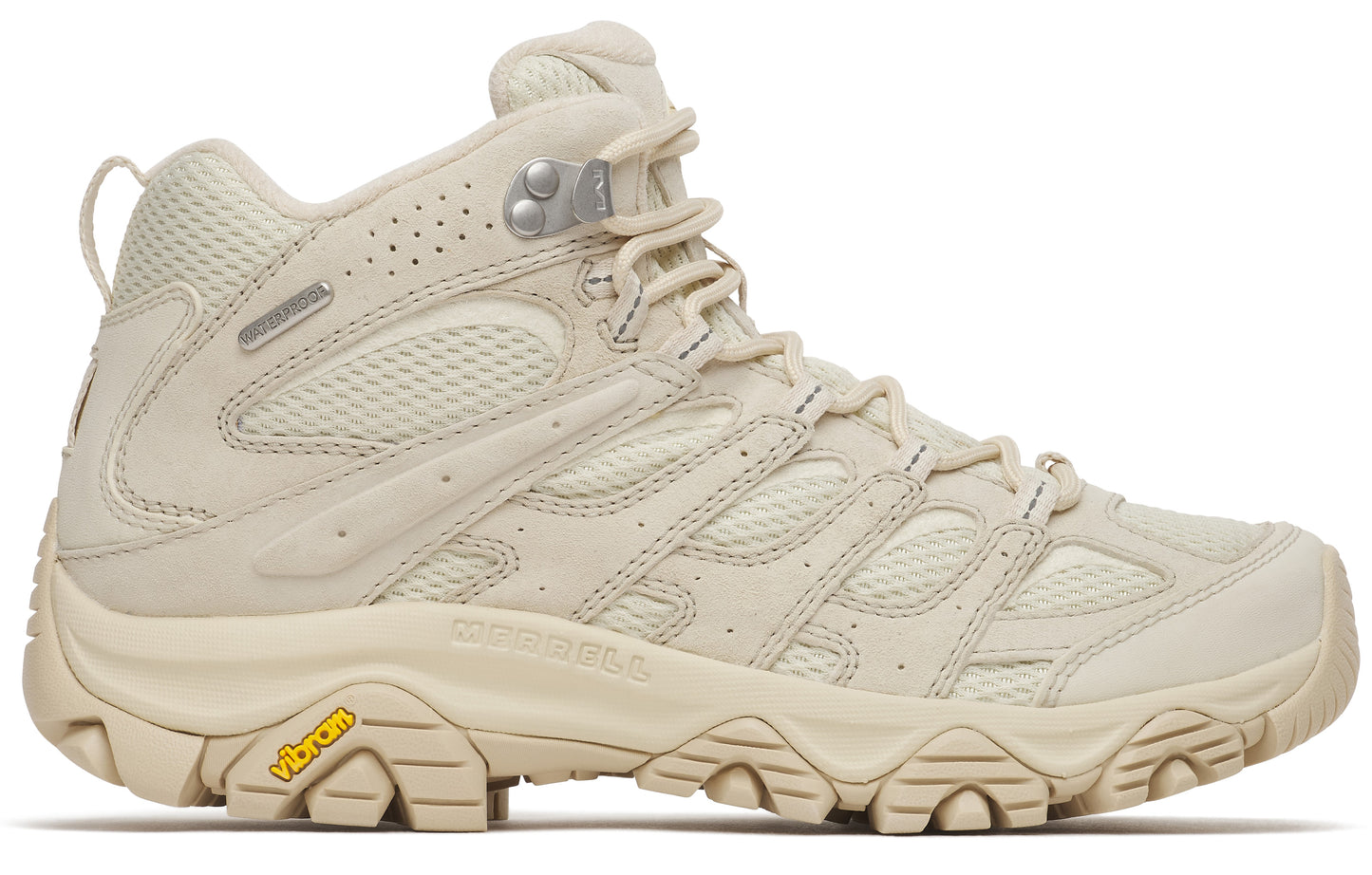 Beige hiking boot with a high ankle and Vibram sole.