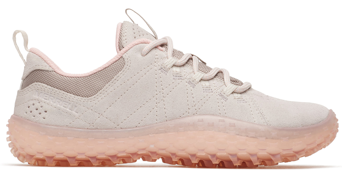 Beige nubuck lace-up shoe with translucent peach-colored lug sole.
