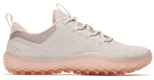 Beige nubuck lace-up shoe with translucent peach-colored lug sole.