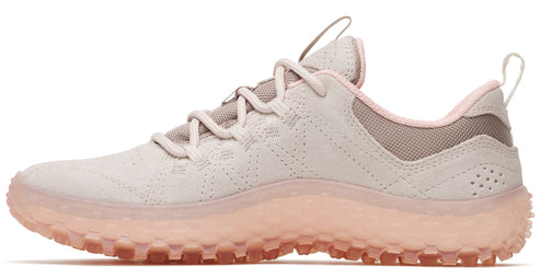 A light tan low top sneaker with a translucent textured pink sole.