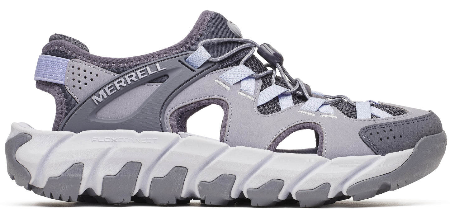 A side view of a grey sandal-sneaker hybrid with Merrell branding.
