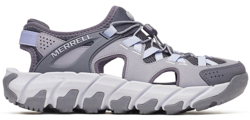 A side view of a grey sandal-sneaker hybrid with Merrell branding.