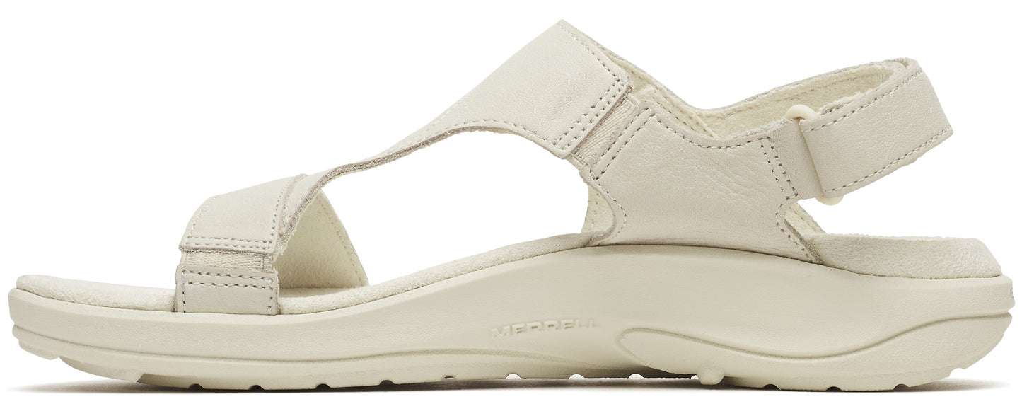 A sandal with a white color, featuring a T-strap design and velcro closure.