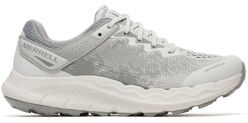 A light gray running shoe with the text "MERRELL" on the side and "WATERPROOF" printed on the toe.