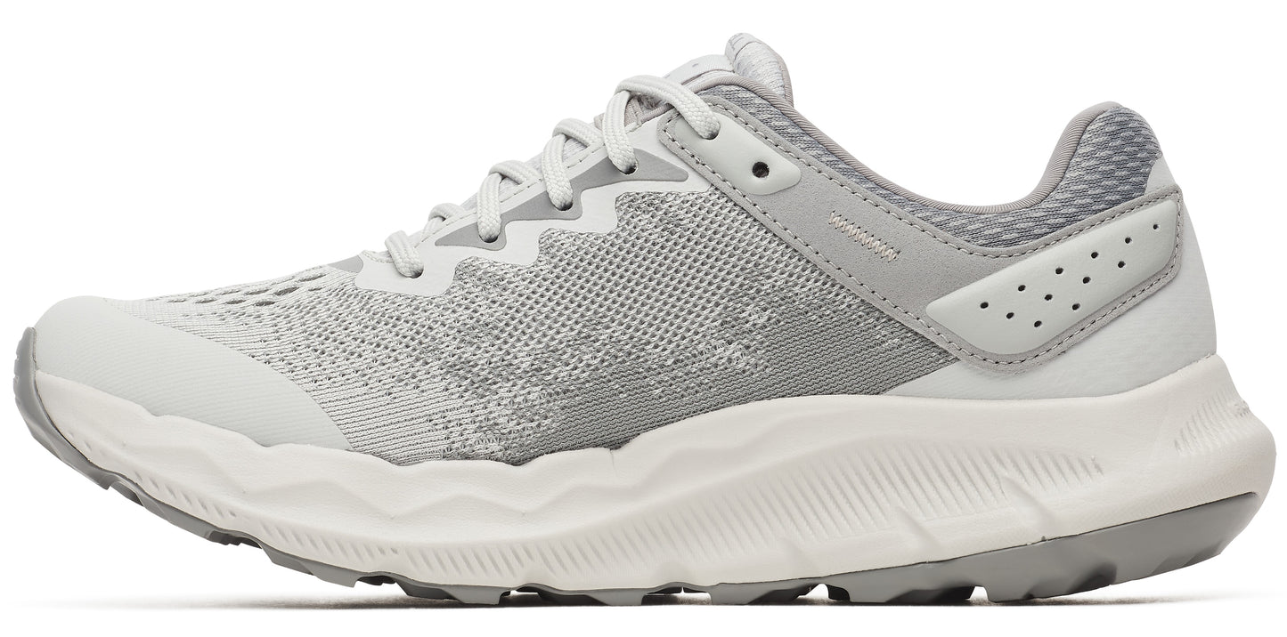 A gray running shoe with a white sole.