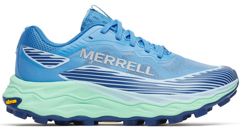 Light blue running shoe with visible "MERRELL" text, a seafoam green midsole, and dark blue outsole.
