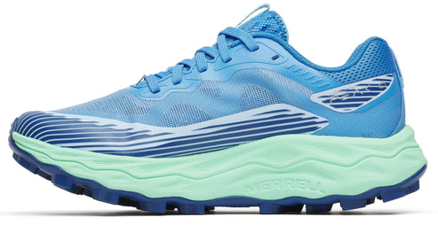 A light blue running shoe with green soles.