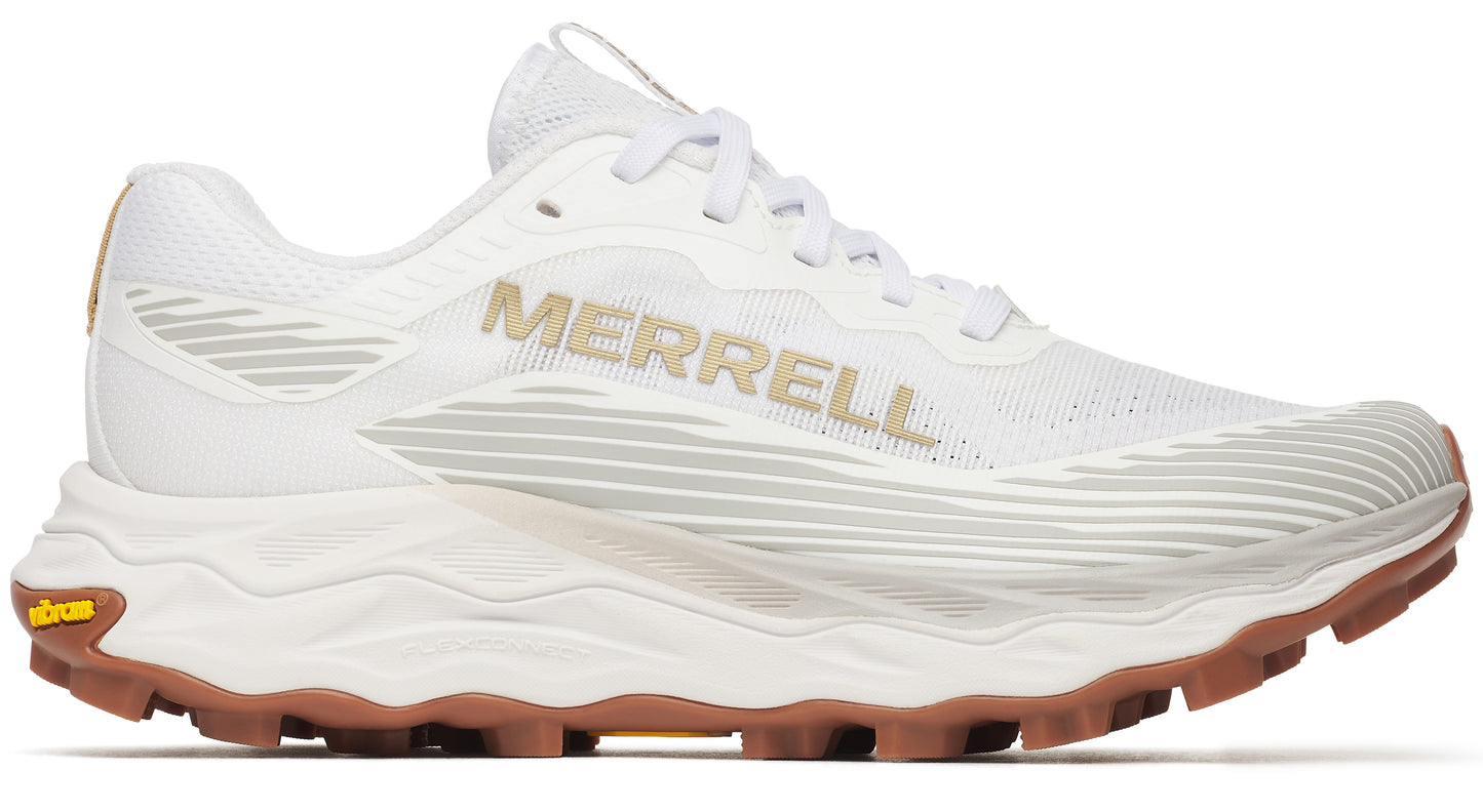 White athletic shoe with 'MERRELL' printed on the side, a thick wavy white sole, and brown treads.