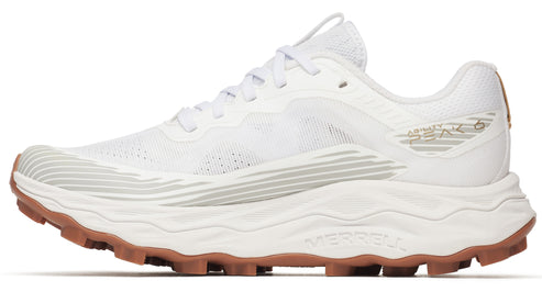 Side view of a white running shoe with brown sole; the text "Sense 6" is visible on the heel.