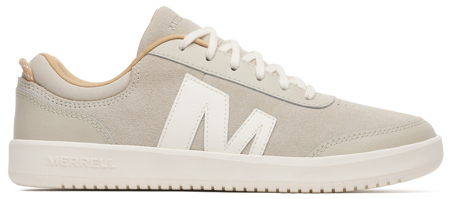 A gray sneaker with white laces and a white 'M' on the side.
