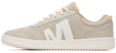 Low-top sneaker in beige with white laces and white 'M' logo.