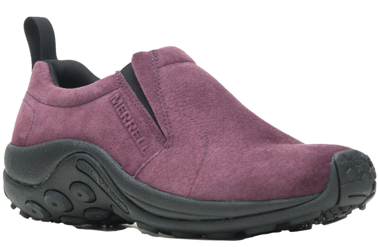 Purple suede slip-on shoe with black sole and "MERRELL" embossed on the side.