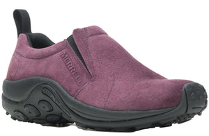Purple suede slip-on shoe with black sole and "MERRELL" embossed on the side.