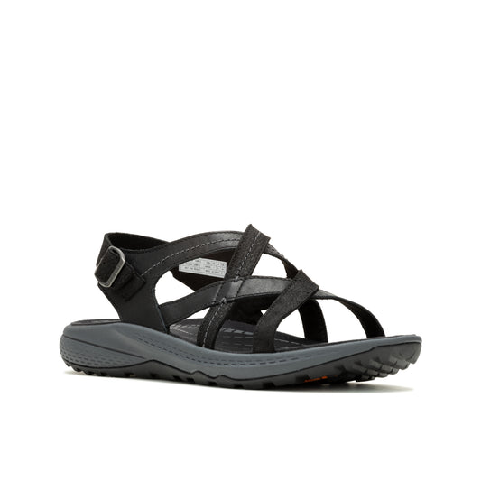 Black sandal with criss-cross straps and buckle.