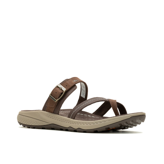 Brown sandal with toe loop and buckle strap.
