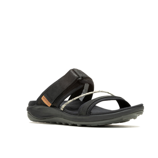 Black sandal with toe and ankle straps.