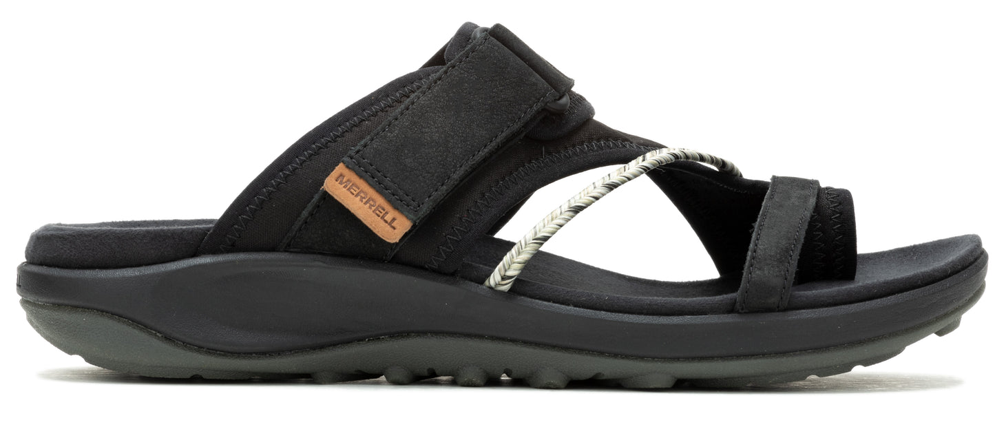 A black sandal with a hook and loop fastener strap.