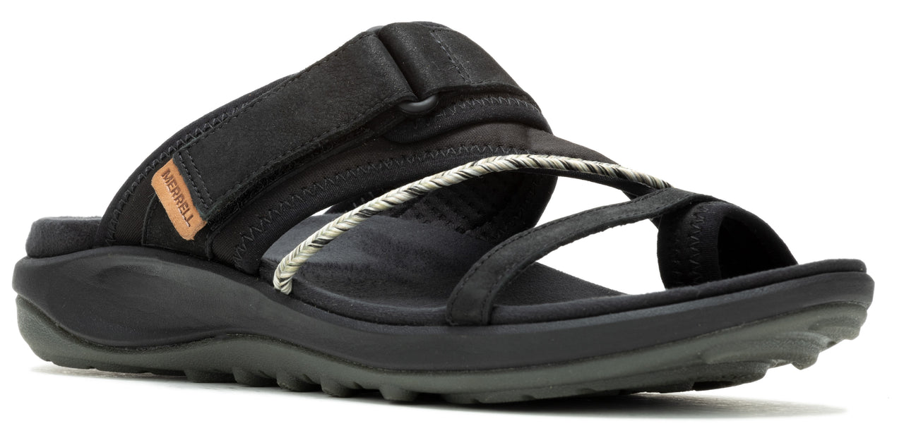 A black sandal with adjustable straps.