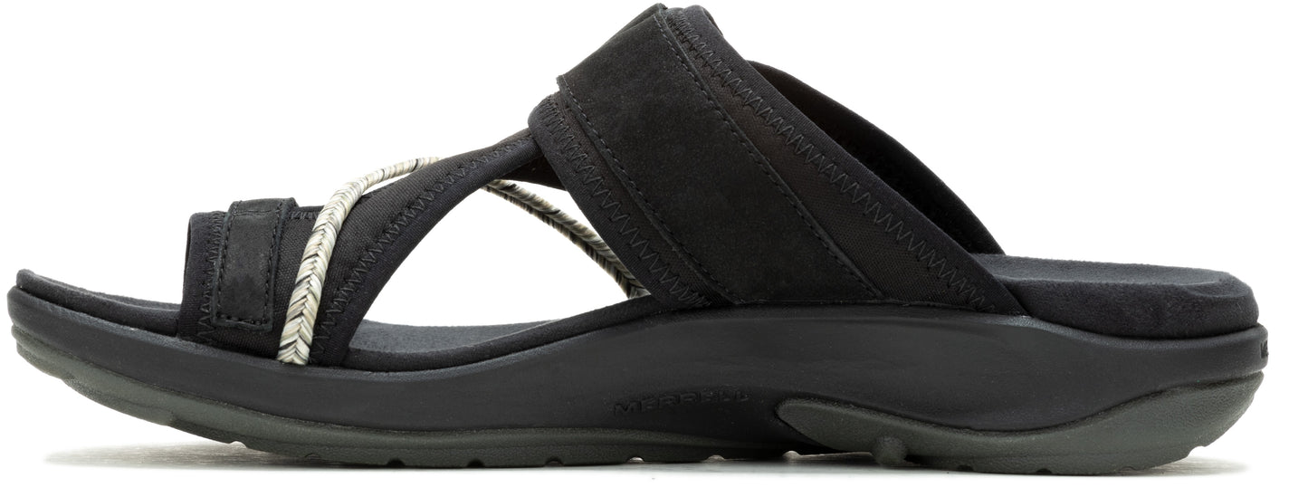 Black slide sandal with woven strap.