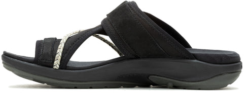 Black slide sandal with woven strap.