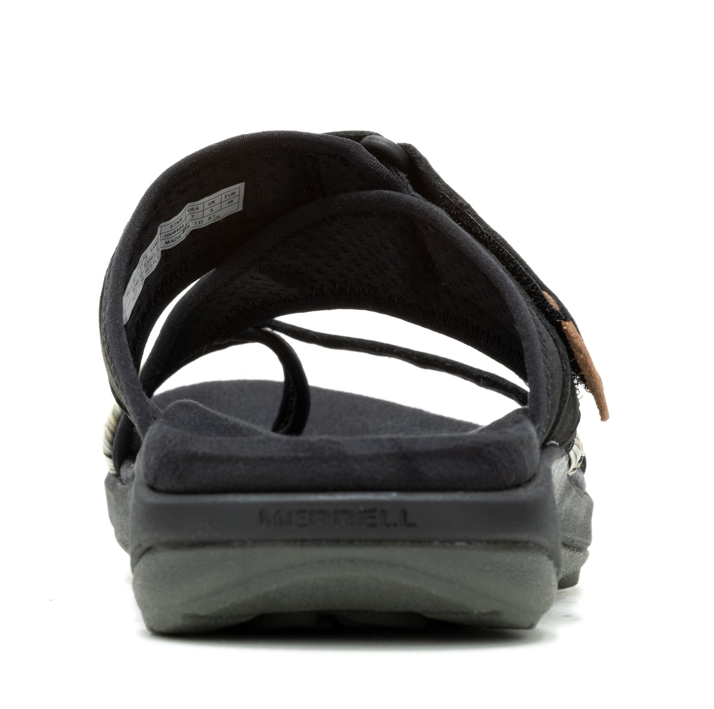 Back view of a black sandal with toe post and open heel with visible brand name on the heel.