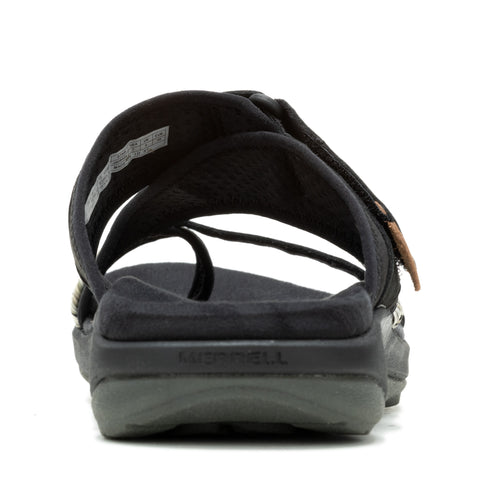 Back view of a black sandal with toe post and open heel with visible brand name on the heel.