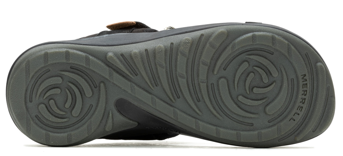 the sole of a sandal with a circular pattern and the word "MERRELL" visible