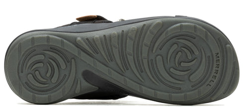 the sole of a sandal with a circular pattern and the word "MERRELL" visible