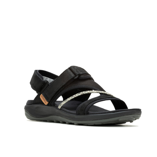Black sandal with adjustable straps and a closed toe design.