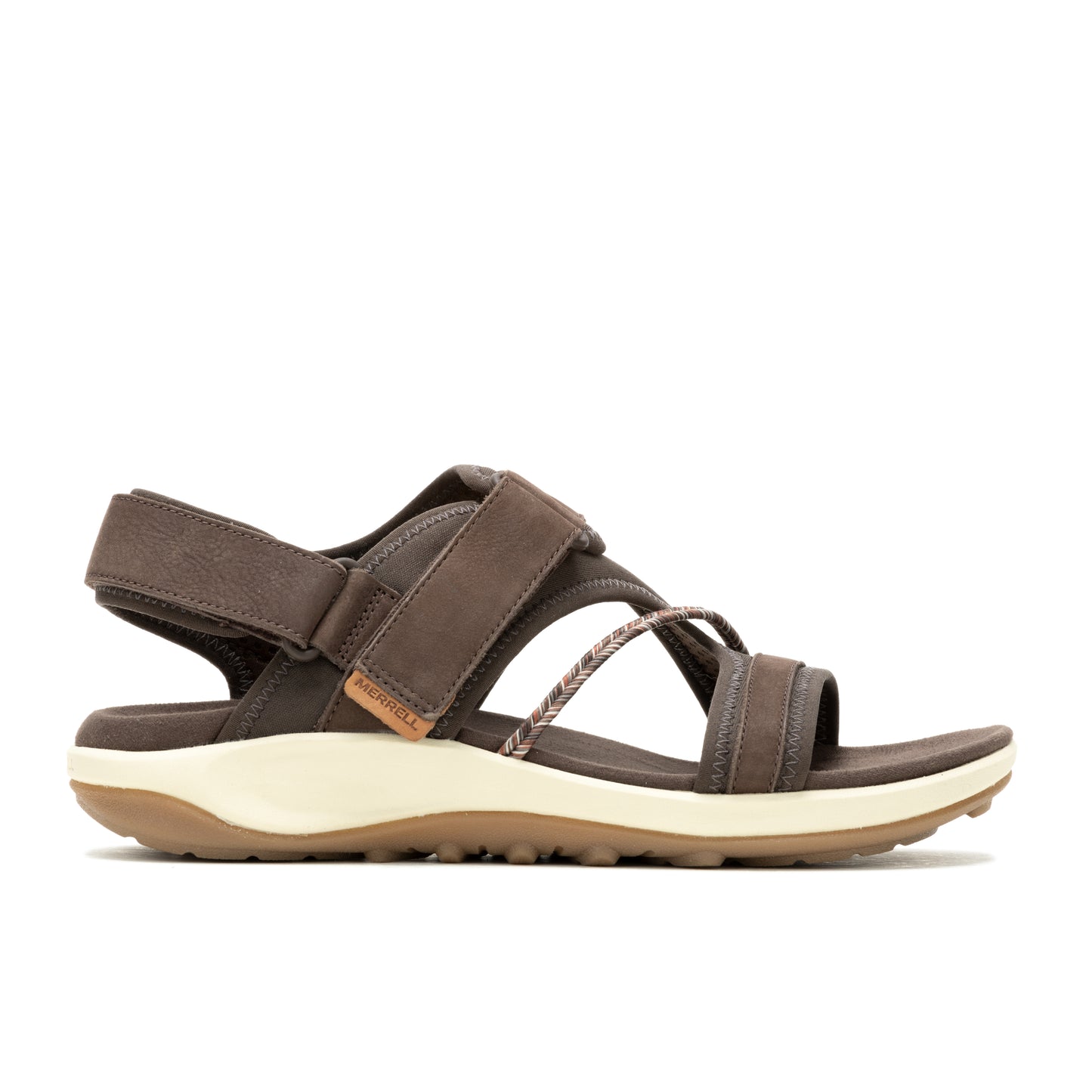 Brown sandal with adjustable straps, tan sole, and rubber traction.