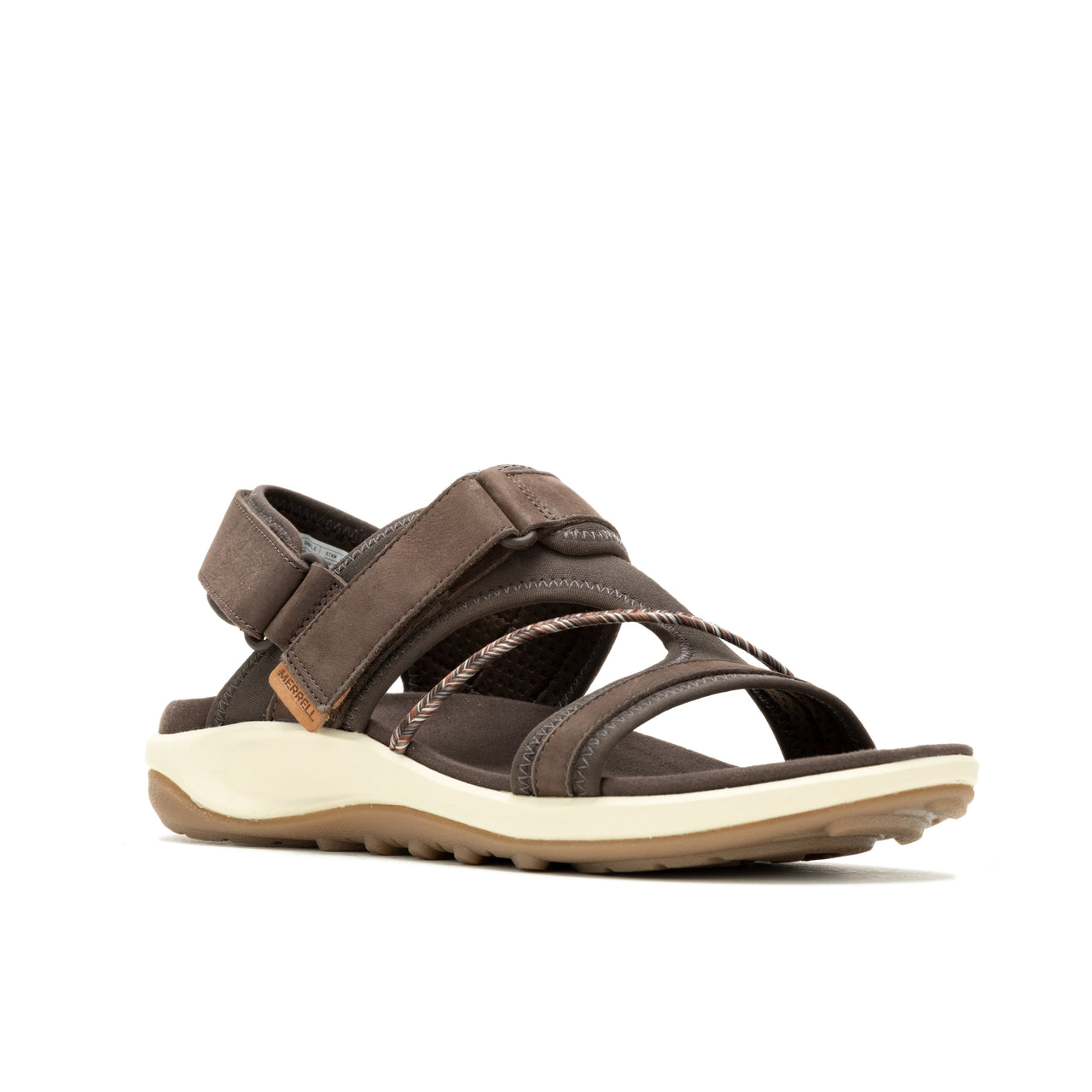 Brown sandal with straps, cream-colored midsole, and brown outsole.