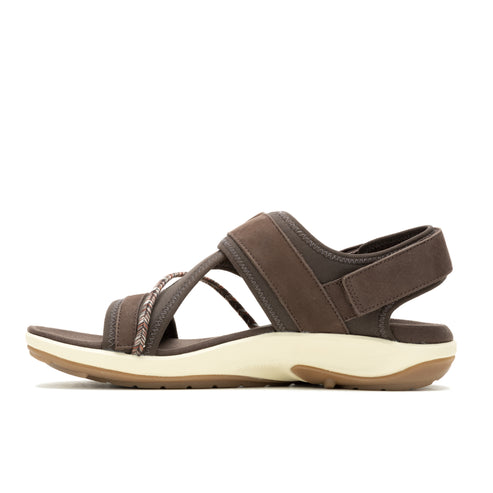 Side-view of a brown sandal with a white sole and a brown outsole. The straps are brown with an interwoven accent over the toes, secured at the heel with a velcro strap.