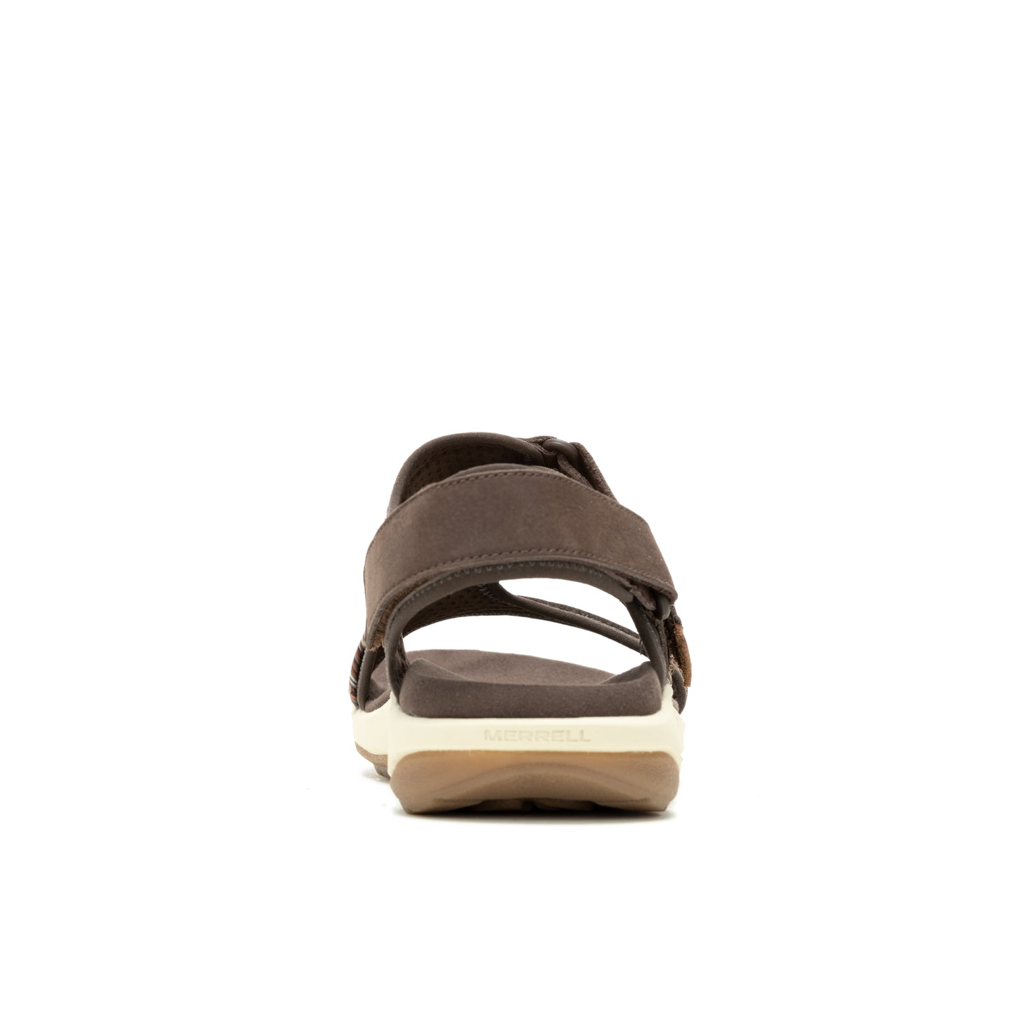 Brown sandal with velcro strap, rear view.