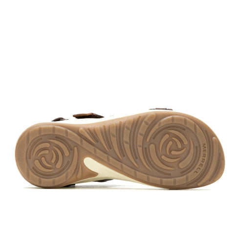 A sandal's brown sole with curved patterns.