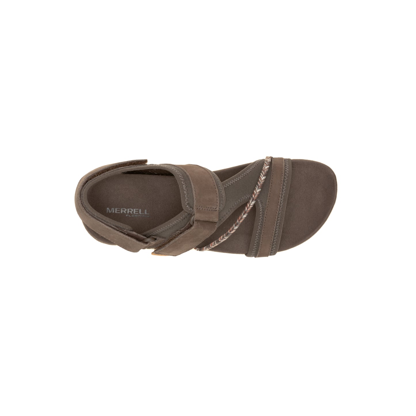 Top-down view of a brown sandal with adjustable straps and a braided accent.