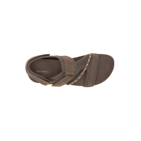 Top-down view of a brown sandal with adjustable straps and a braided accent.